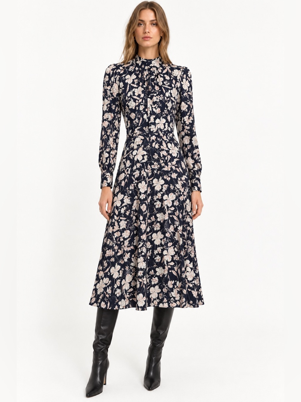 ETEN Navy Floral Midi Dress M High Neck Long Sleeve Fit Flare Romantic
Descript